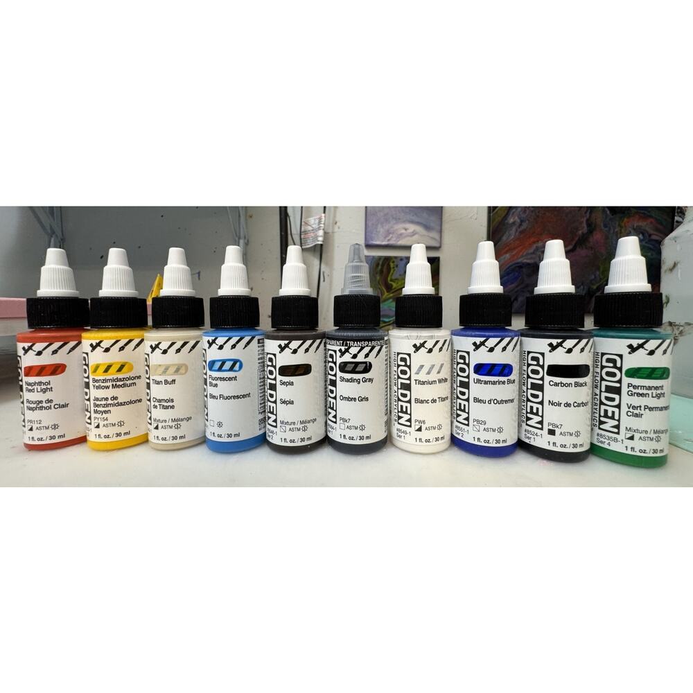 LOT OF 10 Golden High Flow Acrylics 1 fl. oz. /30 ml Sealed No Duplicates LOT102